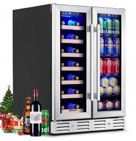 Kalamera 24 inch Wine Fridge Hold 21 Bottles and 75 Cans,Dual Zone Wine and Beverage Refrigerator,Built-In or Freestanding with Blue LED Light,for Home/Bar/Office
